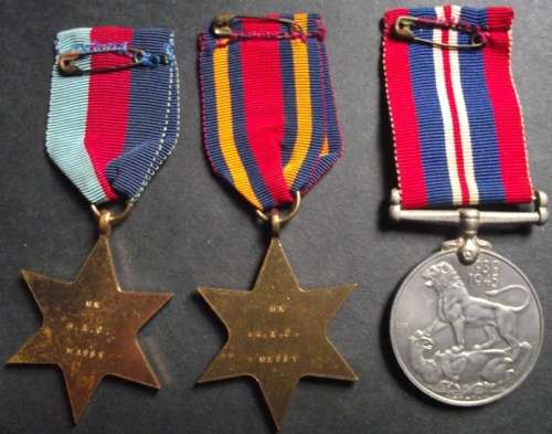 WORLD WAR 2 GROUP OF 3 FULL SIZE MEDALS NAMED TO A MAN IN THE MERCHANT NAVY Incl BURMA STAR