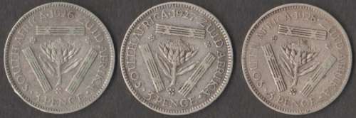 1926, 1927 & 1928 UNION OF SOUTH AFRICA 3 PENCE TICKEYS