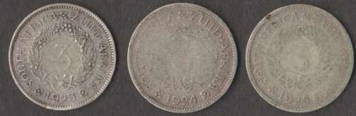1923,1924 & 1925 UNION OF SOUTH AFRICA 3 PENCE TICKEYS