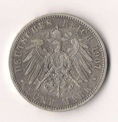 1907 PRUSSIA FUNF MARK (A) EF!!!