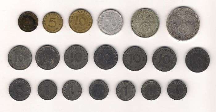 STUNNING DEUTFSCHES REICH SWASTIKA COINS incl 5 & 2 Reichs Mark-Look!