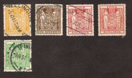 NEW ZEALAND POSTAL FISCALS 1/-3d, 2/-6d, 4/- x 2(1 MINT) & 5 SHILLINGS