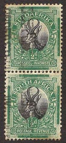 Union SA 1/2d Springbok ROTO Vert Pair "VIGNETTE SHIFT TO THE LEFT"-Used