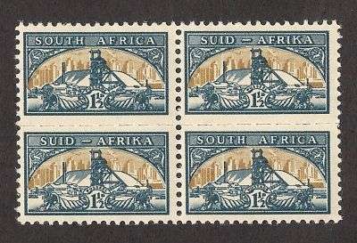 Union SA 1 1/2d SMALL MINES Block 4 "BALLOON & DAMAGED BUILDING"-Mint