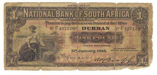 RARE 1918 NATIONAL BANK OF SOUTH AFRICA NATAL 1 POUND BANKNOTE!