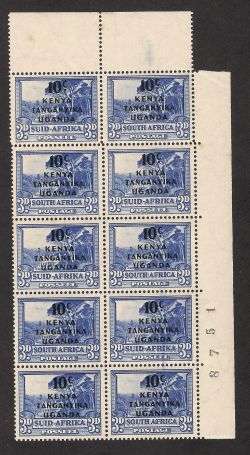 Union SA 3d Ovpt Kenya,Tanganyika&Uganda  Block"MISALIGNED PERFS&THICK SMUDGES"-Mint
