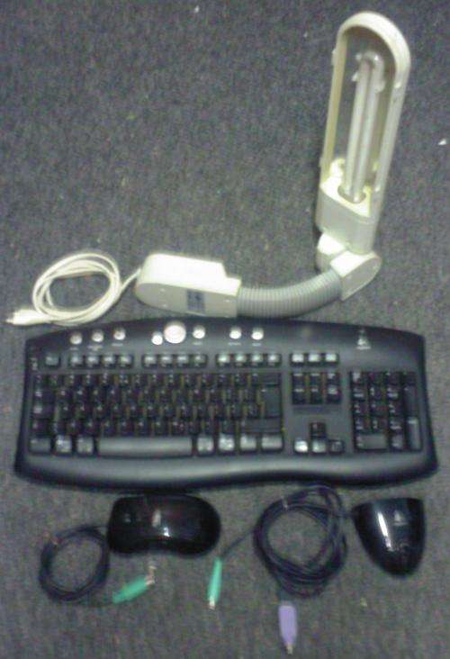 Logitec wireless keyboard,receiver,aopen mouse,Flourecent versatile desktop lamp