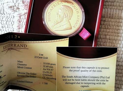 2012 PROOF KRUGER RAND 1 OUNCE .. 34 GRAMS 22ct. PROOF 70.....six available