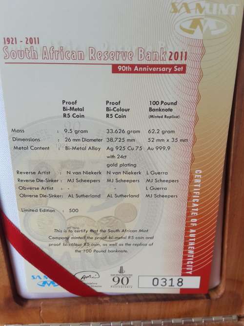 SA RESERVE BANK 90th ANNIVERSARY SET WITH 2 OZ 24 ct 100 POUND NOTE