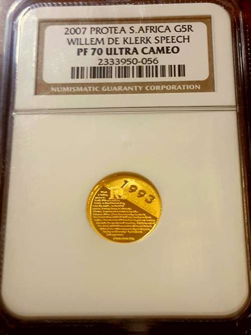 PF 70 ULTRA CAMEO NGC !!! 2007 PROTEA DE KLERK SPEECH 24ct GOLD R5.