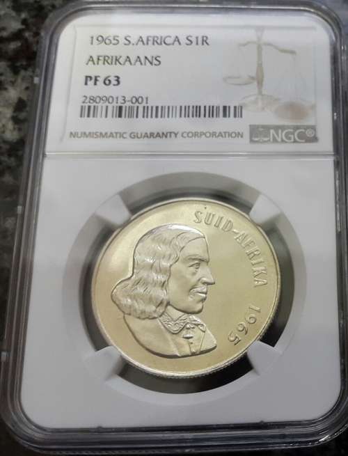1965 PROOF AFRIKAANS R1..... A VERY RARE COIN.... GRADED PF 63 BY NGC  !!!!