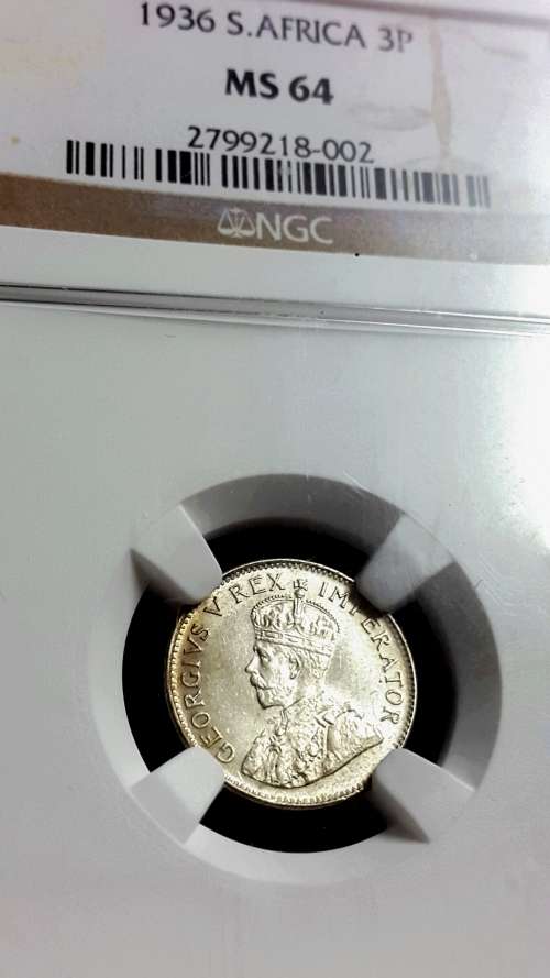 1936  SA UNION  3 P GRADED MS 64 BY NGC