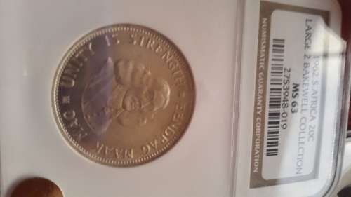 VERY RARE 1962  RSA SILVER 20 CENTS WITH LARGE 2  GRADED MS 63   BY NGC