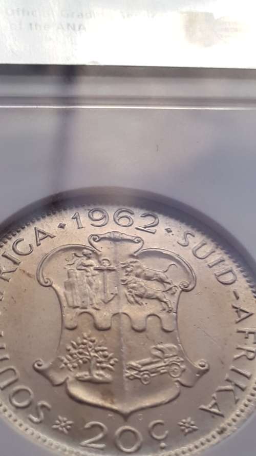 VERY RARE 1962  RSA SILVER 20 CENTS WITH LARGE 2  GRADED MS 63   BY NGC