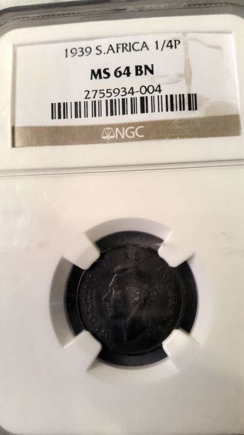 1939 UNION OF SA 1/4 PENNY GRADED MS64 BN BY NGC