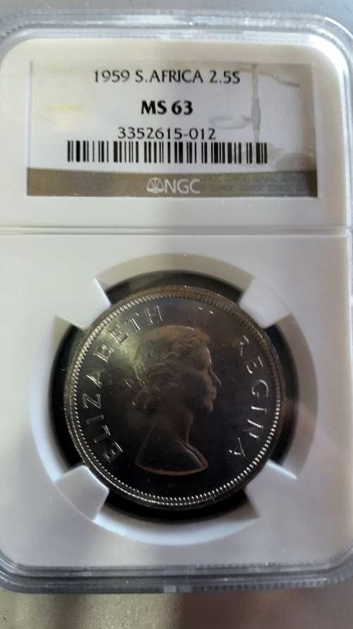1959 UNION OF SA 2.5 SHILLINGS GRADED MS63 BY NGC