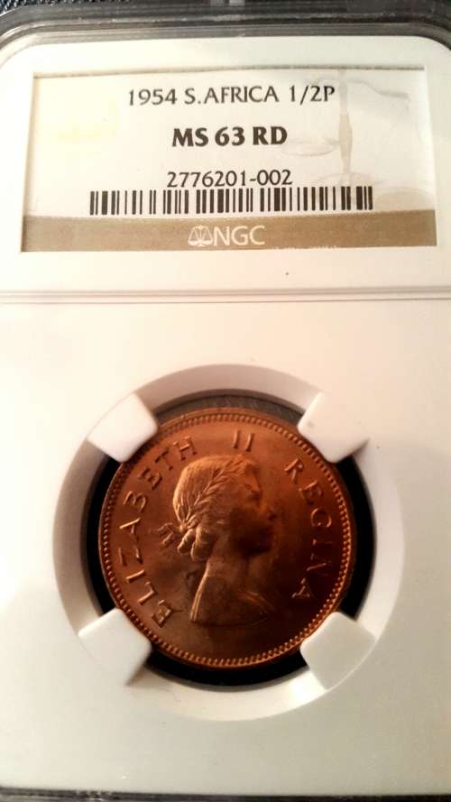 1954 UNION OF SA 1/2 PENNY GRADED MS63 RD BY NGC