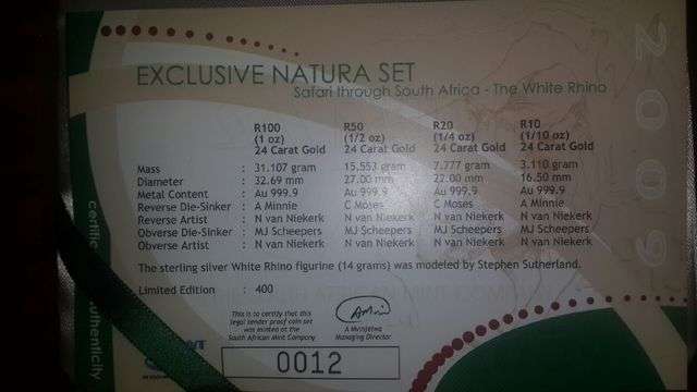 NATURA PRESTIGE SET - WHITE RINO 24 CT- 1OZ, 1/2OZ, 1/4OZ,1/10TH OZ PLUS STERLING RHINO- 400 MINTAGE