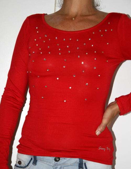Sissy Boy -  Red Long Sleeve Top with Diamante Detail  - Size Medium