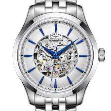 Rotary Mens Silver Tone Steel Skeleton Mechanical Watch GB05032-06