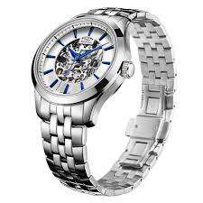 Rotary Mens Silver Tone Steel Skeleton Mechanical Watch GB05032-06