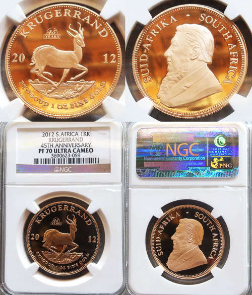 Krugerrand .999 gold 1 ounce coin graded with PF70