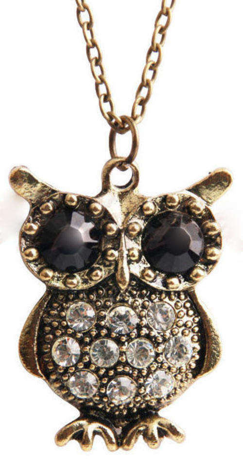 Rhinestone Bronze Owl Chain Necklace