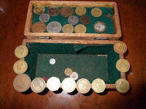 A Lucky dip of coins and a wooden box