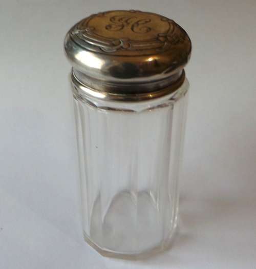 SMALL ANTIQUE VANITY CASE GLASS BOTTLE WITH HALLMARKED SILVER LID - POSTAGE R45