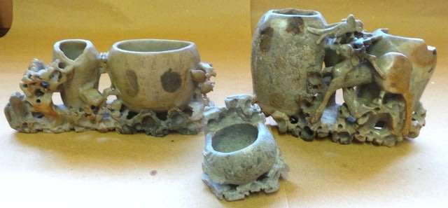 3 X VERY OLD CHINESE BRUSHPOTS - MADE FROM SOAPSTONE- READ ABOUT CONDITION - POSTAGE R65