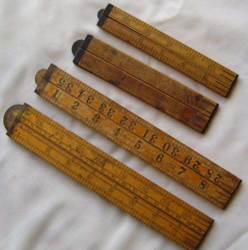 4  X OLD WOODEN FOLD UP MEASURING RULERS - PLEASE READ ABOUT CONDITION