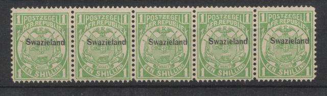ONE SHILLING TVL WITH SWAZILAND OVERPRINT STRIP OF 5