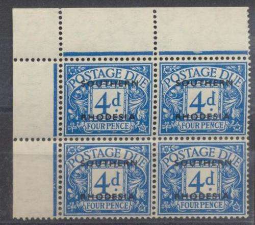 GB / SOUTH RHODESIA  - 4d POSTAGE DUES CORNER BLOCK OF 4 - MINT