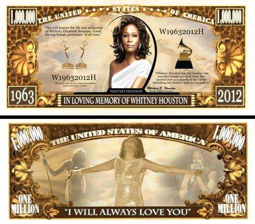 WHITNEY HOUSTON COLOR NOVELTY DOLLAR BILL