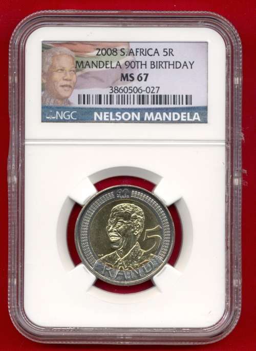 MS67 COLOUR LABEL 90TH Birthday MANDELA R5 -  Very High Grade