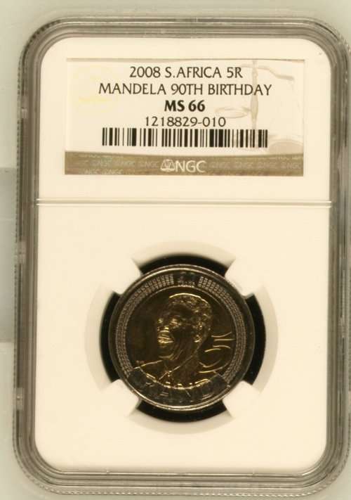 2008 S.AFRICA MANDELA 90TH BIRTHDAY R5 - MS66 - NGC GRADED