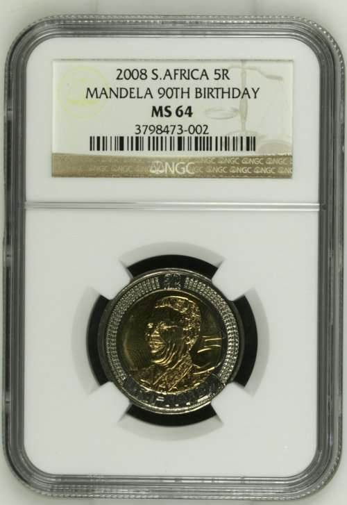 2008 S.AFRICA MANDELA 90TH BIRTHDAY R5 - MS64 - NGC GRADED