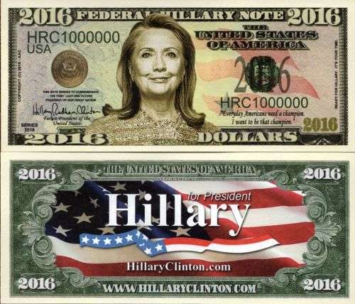 HILLARY CLINTON NOVELTY MILLION DOLLAR BILL