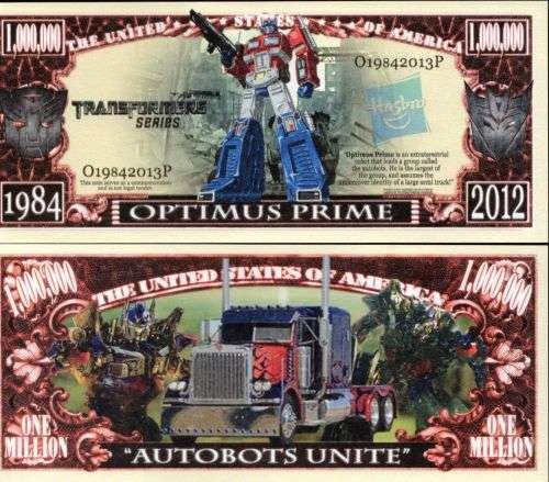 OPTIMUS PRIME NOVELTY MILLION DOLLAR BILL