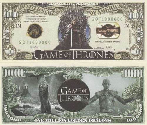 GAME OF THRONES NOVELTY MILLION DOLLAR BILL