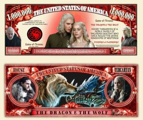 GAME OF THRONES HOUSE TARGARYEN NOVELTY MILLION DOLLAR BILL