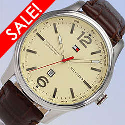 TOMMY HILFIGER Mens Elegant Beige Dial, Genuine Brown Leather Watch - IN STOCK!