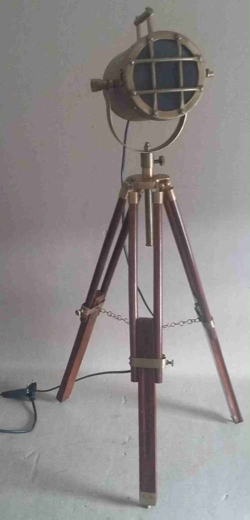 Wood and aluminium tripod lamp stand and feature lamp fitting