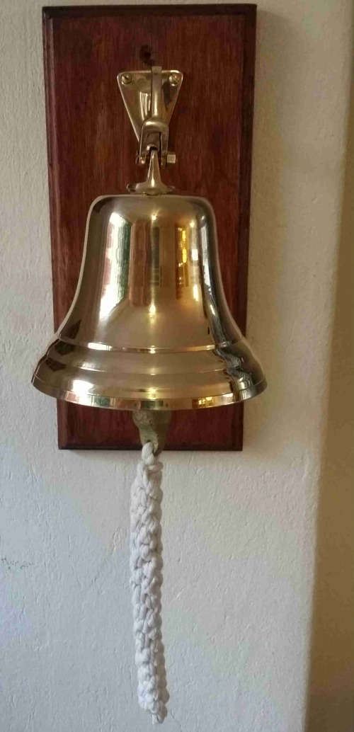 Solid brass ship, motivational bell 14cm diameter, sales bell. Wall mounted on solid wood