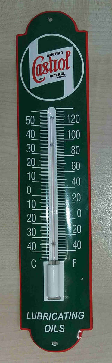 Castrol metal enamel thermometer.