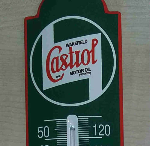 Castrol metal enamel thermometer.
