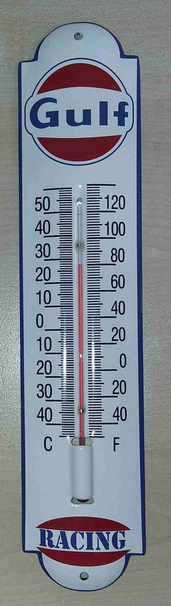 Gulf metal enamel thermometer.