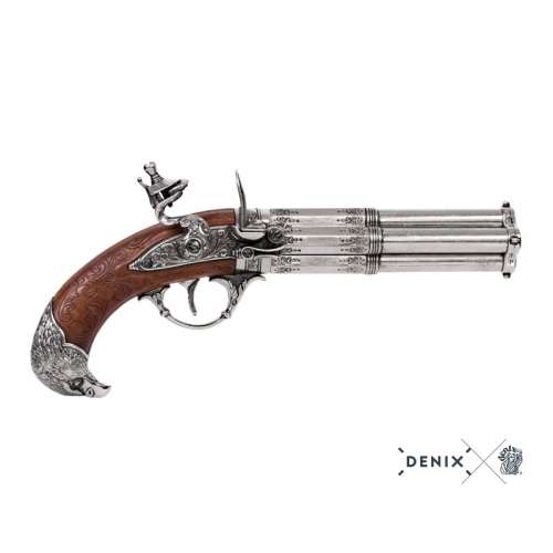 Revolving 4 barrel flintlock pistol. Non functional Replica