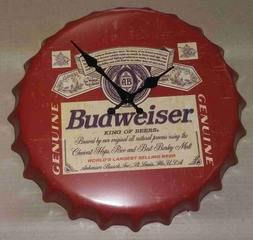 Budweiser bottle cap embossed metal clock.