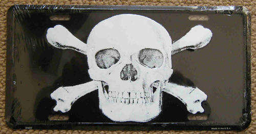 Skull & Crossbones license metal number plate.